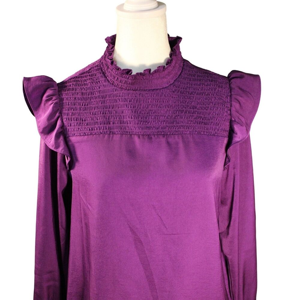Banana Republic Purple Ruffle Smocked Mock Neck Long Sleeve Blouse S
